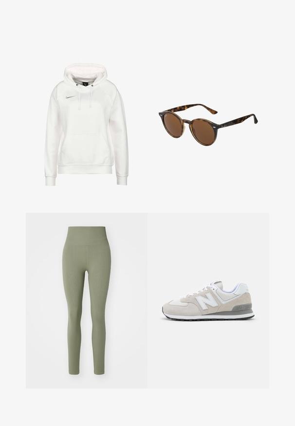 Felpa Nike bianca con tasca frontale a marsupio, cordini regolabili e piccolo logo argento sul petto. Tessuto morbido e polsini a costine.; Björn Borg STUDIO SEAMLESS - Leggings - vetiver; Sneaker di un beige chiaro caratterizzate da una combinazione di materiali scamosciati e in rete. Il design presenta un logo bianco in evidenza e accenti grigi. Suola in gomma.; Occhiali da sole tonde con montatura in plastica effetto tartaruga, lenti marroni e dettagli metallici sulla parte frontale. Stanghette sottili con una finitura lucida.