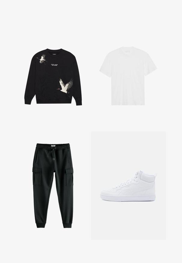 Schwarzer Sweatshirt mit zwei weißen Kranichen im Flug und roten Akzenten. Text mit der Aufschrift "KYOTO, JAPAN" unter dem Design gedruckt.; Weißes Baumwoll-T-Shirt mit kurzen Ärmeln, Rundhalsausschnitt und geradem Saum. Glatte Textur, minimalistisches Design ohne Muster oder Akzente.; Schwarze Sweatpants aus weichem Stoff, mit einem elastischen Bund und Kordelzug, zwei seitlichen Taschen und zwei Taschen im Cargo-Stil.; Weiße hohe Sneaker aus Leder mit glatter Textur, durchlöchertem Zehenbereich und gepolstertem Schaft, versehen mit passenden Schnürsenkeln und Branding.