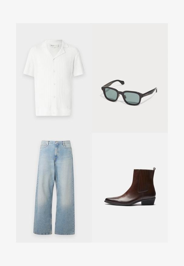 Must musta pikad varrukad kudum, ümar kaelus, soonikkiud ja äär, asetatud tasasel heledale taustale.; Valge lühikeste varrukatega särk ribakoe, nööbiga kinnituse ja kraega. Omab vertikaalseid triibusid lisadetailiks.; Heledsinised laiad teksad, mis on valmistatud denimist, kõrge taljega, ees taskud ja tuhmunud värvusega, millel on õrnad hõõrdumisjäljed reie piirkonnas.; Pruun nahkne pahkluu saabas, terava nina, elastsed külgpaneelid, tekstuuriga detailid ees ning madal virnastatud konts.; Mustad mustad päikeseprillid roheliste objektiividega, millel on läikiv viimistlus ja diskreetne kuldne brändimine templil.; Must musta nahk tote kott kahe õlavarre rihmaga, ristküliku kuju ja peene õmbluse detailiga valgel taustal.