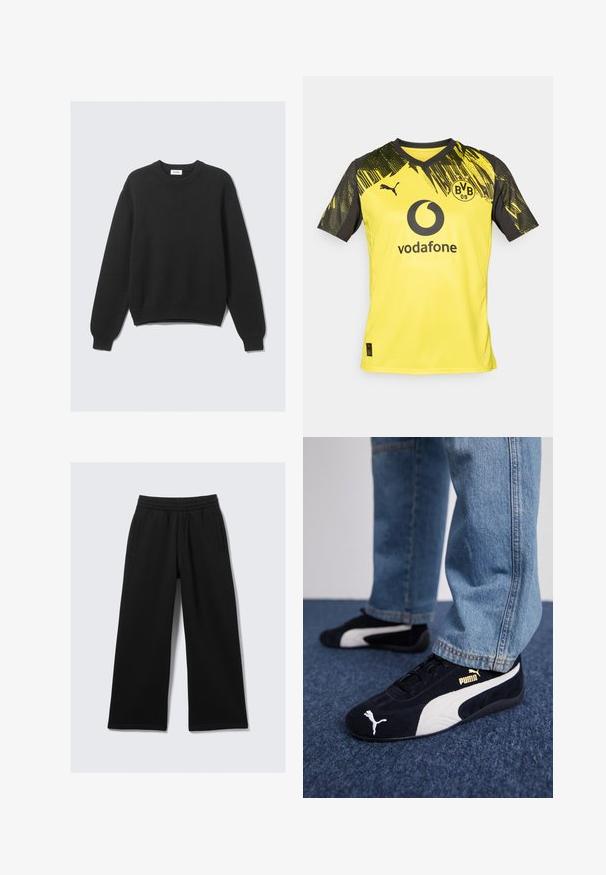 Svart langermet strikkegenser med rund hals, ribbede mansjetter og nederkant, lagt flatt mot en lys bakgrunn.; Gul fotbaltrøye med svarte detaljer. Har V-hals, stilisert design ved skuldrene, Vodafone-logo og Borussia Dortmund-merke.; Sorte vidbukse laget av mykt stoff, med elastisk midjebånd og to sidelommer. Glatt tekstur, nøytralt design uten mønstre.; Sorte semskematerial sneakers med hvite detaljer og et gullmerke. Brukt sammen med lyseblå denimjeans og plassert på en teksturert blå overflate.