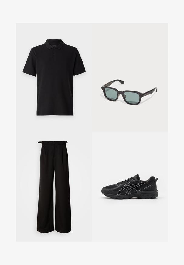 Melna garām piedurknēm adīta džemperis ar apaļu kaklu, ribotām piedurknēm un apakšmalu, izlikts uz gaiša fona.; Melns polo krekls, izgatavots no kokvilnas, ar īsām piedurknēm, klasisku apkakli un trīs pogu aizdari. Strukturēta auduma ar gludu apdari.; Melni platajās bikses ar augstu jostasvietu, ar krokām un saitēm malās, izgatavotas no gludas, struktūrētas auduma.; Melnas sporta kurpes ar sietu augšdaļu, sintētiskām akcentiem, atstarojošiem elementiem, mīkstu zoli un teksturētu zoli labākai saķerei.; Melnas taisnstūra saulesbrilles ar zaļiem objēktīviem, ar spīdīgu apdari un smalku zelta zīmolu uz ieliktņa.; Melnas gludas ādas somas ar divām plecu siksnām, taisnstūrveida forma un smalka šuvju detaļa uz baltā fona.