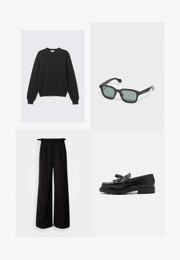 Zwarte lange mouw gebreide trui met ronde hals, geribbelde manchetten en zoom, plat gelegd op een lichte achtergrond.; Zwarte wijde broek met hoge taille, voorzien van plooien en strikaccenten aan de zijkanten, gemaakt van een gladde, gestructureerde stof.; Zwarte leren instapper met een moccasin ontwerp, voorzien van decoratieve franjes en een kwastje, een gestructureerd oppervlak en een robuuste rubberen zool.; Zwarte rechthoekige zonnebril met groene lenzen, met een glanzende afwerking en subtiele gouden branding op de poot.; Zwarte gladde leren tote bag met twee schouderbanden, rechthoekige vorm en subtiele stikdetails op een witte achtergrond.