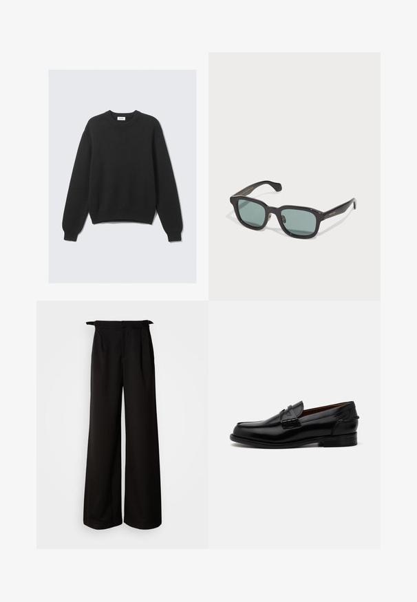 Pulover negru din tricot cu mânecă lungă, guler rotund, cu manșete și tiv striați, așezat pe o suprafață deschisă.; Pantaloni negri evazați cu talie înaltă, cu pliseuri și accente cu fundițe pe părți, realizati dintr-un material neted și structurat.; Loafers din piele neagră cu o formă ușor alungită, având detalii cusute și un toc mic. Finisaj neted și lucios.; Ochelari de soare negri, dreptunghiulari, cu lentile verzi, având un finisaj lucios și o marcaj subtil de culoare aurie pe braț.; Geantă toată din piele neagră, netedă, cu două curele pentru umăr, formă rectangulară și detalii de cusătură subtile, pe un fundal alb.