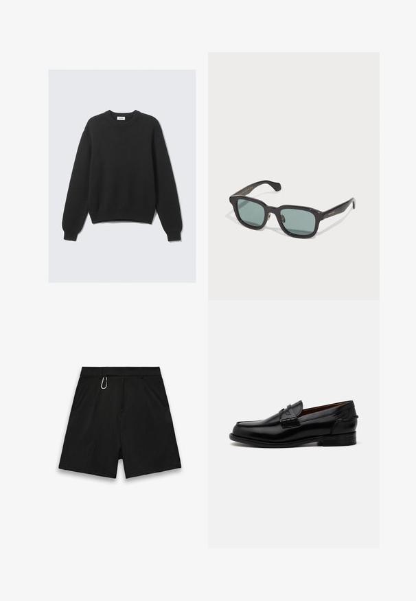 Melna garām piedurknēm adīta džemperis ar apaļu kaklu, ribotām piedurknēm un apakšmalu, izlikts uz gaiša fona.; Melnas bikses no teksturēta auduma ar taisnu griezumu, ar jostas cilpu un metāla karabīni kā akcenta detaļu.; Melnas ādas loafers ar nedaudz garāku formu, ar izšūtu apdari un mazu papēdi. Gluda, spīdīga virsma.; Melnas taisnstūra saulesbrilles ar zaļiem objēktīviem, ar spīdīgu apdari un smalku zelta zīmolu uz ieliktņa.; Melnas gludas ādas somas ar divām plecu siksnām, taisnstūrveida forma un smalka šuvju detaļa uz baltā fona.