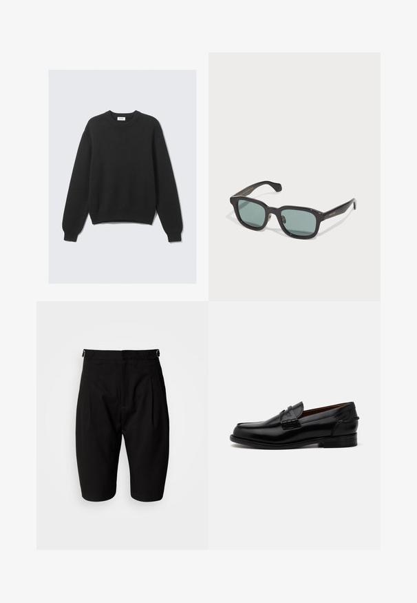 Melna garām piedurknēm adīta džemperis ar apaļu kaklu, ribotām piedurknēm un apakšmalu, izlikts uz gaiša fona.; Melni šorti, izgatavoti no gludas auduma, ar plisētām priekšām, jostas cilpām un pielāgotu dizainu ar taisnu griezumu virs ceļgaliem.; Melnas ādas loafers ar nedaudz garāku formu, ar izšūtu apdari un mazu papēdi. Gluda, spīdīga virsma.; Melnas taisnstūra saulesbrilles ar zaļiem objēktīviem, ar spīdīgu apdari un smalku zelta zīmolu uz ieliktņa.; Melnas gludas ādas somas ar divām plecu siksnām, taisnstūrveida forma un smalka šuvju detaļa uz baltā fona.