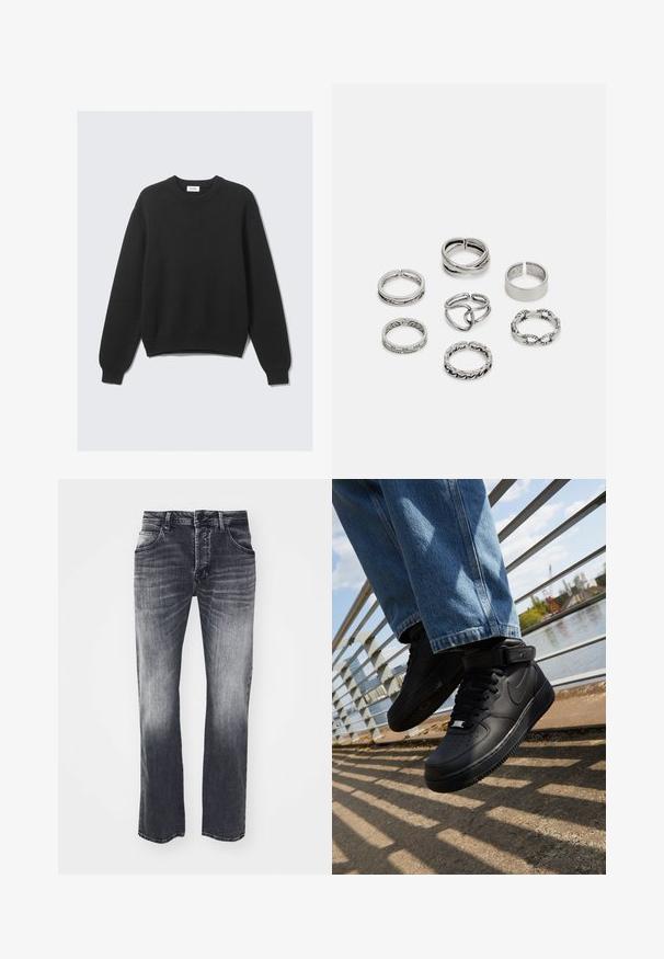 Jersey de punto negro de mangas largas con cuello redondo, puños y dobladillo acanalados, colocado sobre una superficie clara.; Jeans de mezclilla negra con un corte recto, con un ligero desgastado, cinco bolsillos y un detalle de cierre de botón, sobre un fondo blanco.; Zapatillas Nike Air Force 1 negras con parte superior de cuero, lengua de malla y suela de goma, que presentan un diseño de caña alta y cordones gruesos.; Conjunto de siete anillos de plata con diversos diseños, incluidos patrones retorcidos, enlazados y grabados. Diferentes formas y anchos.
