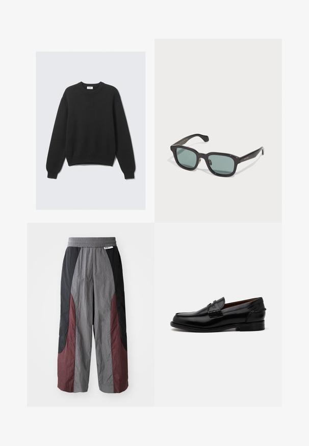 Czarny, długi sweter z dzianiny z okrągłym dekoltem, żebrowanymi mankietami i dolnym szwem, leżący płasko na jasnym tle.; Spodnie o szerokich nogawkach, wykonane z lekkiego materiału, z kolorowym wzorem w czerni, szarości i burgundzie, posiadające elastyczny pas.; Czarne skórzane loafersy o lekko wydłużonym kształcie, z przeszyciami i małym obcasem. Gładkie, błyszczące wykończenie.; Czarne prostokątne okulary przeciwsłoneczne z zielonymi soczewkami, z błyszczącym wykończeniem i subtelnym złotym logo na zausznicy.; Czarna gładka skórzana torba typu tote z dwoma ramiączkami, prostokątny kształt i subtelne przeszycia na białym tle.