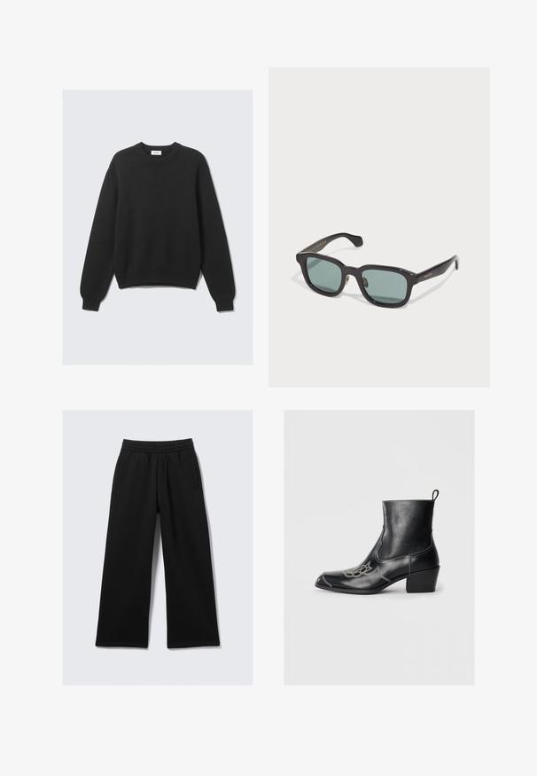 Černý dlouhý rukáv pletený svetr s kulatým výstřihem, žebrovanými manžetami a spodním lemem, položený na světlejším pozadí.; Černé kalhoty s širokými nohavicemi z měkké látky, s elastickým pasem a dvěma bočními kapsami. Hladká textura, neutrální design bez vzorů.; Černá kožená kotníková bota se čtvercovou špičkou, kontrastním prošitím a blokovým podpatkem. Ozdobné šití podél stran.; Černé obdélníkové sluneční brýle se zelenými skly, s lesklým povrchem a jemným zlatým logem na rameni.; Černá hladká kožená taška přes rameno s dvěma ramenními popruhy, obdélníkového tvaru a jemným prošíváním na bílém pozadí.