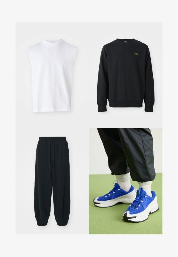 Zwarte sweatshirt van zacht materiaal, met een ronde hals, lange mouwen en een klein gouden Nike-logo op de borst.; Wit mouwloos topje van katoen met een ronde halslijn, een relaxte pasvorm en een soepele textuur. Eenvoudig ontwerp zonder patronen of accenten.; Zwarte, elastiche sweatpants met een losse pasvorm, manchetten aan de enkels, een zachte textuur en zonder zichtbare patronen of hardwareaccenten.; Blauwe en witte sportschoenen met textielmateriaal, opvallende rubberen zool en zwarte accenten. Voorzien van veters en een dempende ontwerp.