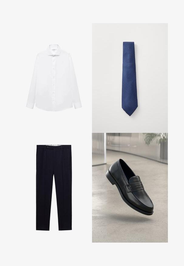 Marineblå pullover med lange ærmer, høj krave og en halv lynlås foran. Lavet af glat stof med en afslappet pasform og sideslidser i kanten.; Hvid langærmet skjorte lavet af glat bomuld, med spids krave, front knaplukning og lige skæring i kanten.; Mørkeblå bukser med lige ben, dobbelte plisseringer og knaplukning i taljen. Fremstillet af et glat stof uden mønstre.; Sort lædersko med glat tekstur, spids tå og en dekorativ rem over vristen. Letvægts sål, minimalistisk design.; Marineblå slips med et lille hvidt prikkemønster, lavet af glat stof, med spids ende og standard bredde.