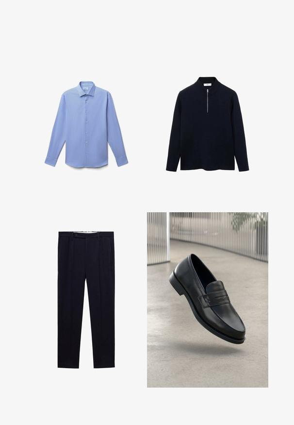 Navy Pullover mit langen Ärmeln, hohem Kragen und einem halben Reißverschluss vorne. Hergestellt aus glattem Stoff mit lockerer Passform und seitlichen Schlitzen am Saum.; Hellblaue Herrenbluse mit langen Ärmeln, Knopfleiste und feinen vertikalen Streifen, spitzem Kragen und geknöpften Manschetten auf weißem Hintergrund.; Marineblaue Hose mit geradem Beinschnitt, doppelten Falten und einem Knopfverschluss an der Taille. Hergestellt aus einem glatten, ungemusterten Stoff.; Schwarzer Lederloafer mit glatter Textur, spitzer Zehe und einem dekorativen Riemen über dem Rist. Leichte Sohle, minimalistisches Design.