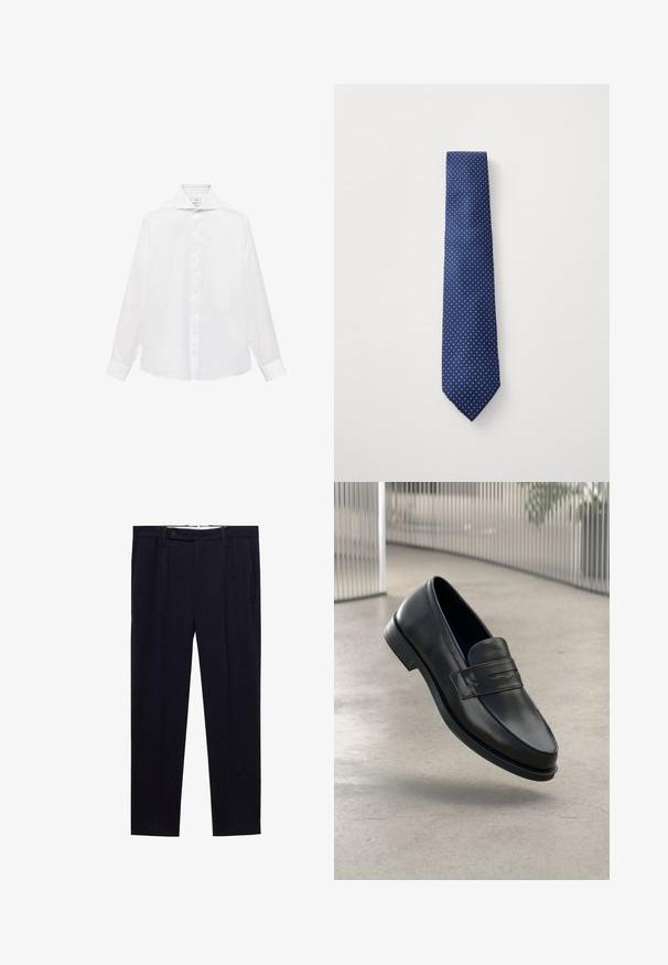 Granatowy sweter z długimi rękawami, wysokim kołnierzem i przednim suwakiem na pół. Wykonany z gładkiego materiału w luźnym kroju, z bocznymi rozporkami na dolnym brzegie.; Biała, długorękawowa koszula zapinana na guziki z wyrazistym kołnierzykiem, o gładkiej fakturze i siedmioma guzikami z przodu.; Granatowe spodnie o prostym kroju, z podwójnymi plisami i zapięciem na guzik w talii. Wykonane z gładkiego materiału bez wzorów.; Czarna skórzana wsuwana półbut, o gładkiej fakturze, spiczastym nosku i ozdobnym paskiem na podbiciu. Lekka podeszwa, minimalistyczny design.; Granatowy krawat z małym wzorem w białe kropki, wykonany z gładkiego materiału, z ostrym końcem i standardową szerokością.