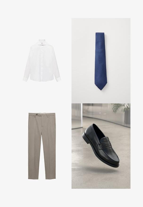 Navy Pullover mit langen Ärmeln, hohem Kragen und einem halben Reißverschluss vorne. Hergestellt aus glattem Stoff mit lockerer Passform und seitlichen Schlitzen am Saum.; Weißes langärmliges Hemd mit Knopfleiste und spitzen Kragen, das eine glatte Textur aufweist und sieben Knöpfe vorne hat.; Beige maßgeschneiderte Hose mit glatter Textur, geradem Schnitt und einem einzigen Knopfverschluss vorne. Verfügt über seitliche Taschen und einen sauberen Saum.; Schwarzer Lederloafer mit glatter Textur, spitzer Zehe und einem dekorativen Riemen über dem Rist. Leichte Sohle, minimalistisches Design.; Marineblaue Krawatte mit einem kleinen weißen Punktenmuster, aus glattem Stoff, mit spitzem Ende und im Standardbreiten-Design.