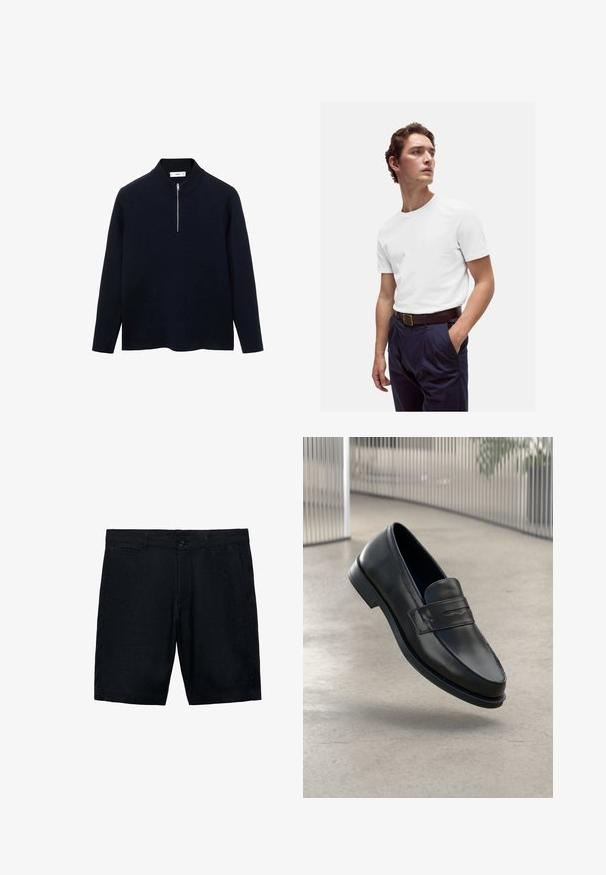 Granatowy sweter z długimi rękawami, wysokim kołnierzem i przednim suwakiem na pół. Wykonany z gładkiego materiału w luźnym kroju, z bocznymi rozporkami na dolnym brzegie.; Biała bawełniana koszulka z okrągłym dekoltem noszona z granatowymi spodniami w kant i brązowym skórzanym paskiem z złotą klamrą.; Czarne lniane szorty z płaskim przodem, bocznymi kieszeniami i pojedynczym zapięciem na guzik; gładka tekstura i dopasowany krój.; Czarna skórzana wsuwana półbut, o gładkiej fakturze, spiczastym nosku i ozdobnym paskiem na podbiciu. Lekka podeszwa, minimalistyczny design.