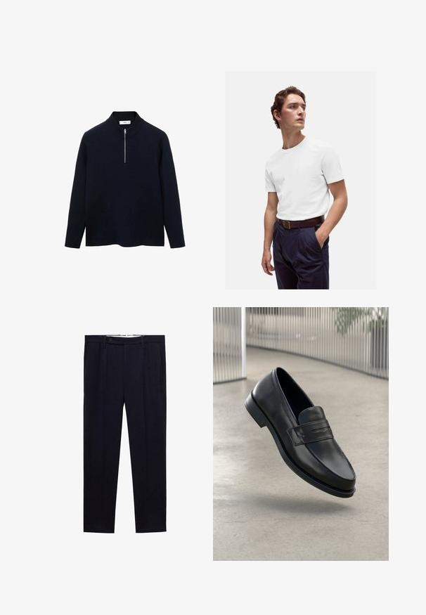 Granatowy sweter z długimi rękawami, wysokim kołnierzem i przednim suwakiem na pół. Wykonany z gładkiego materiału w luźnym kroju, z bocznymi rozporkami na dolnym brzegie.; Biała bawełniana koszulka z okrągłym dekoltem noszona z granatowymi spodniami w kant i brązowym skórzanym paskiem z złotą klamrą.; Granatowe spodnie o prostym kroju, z podwójnymi plisami i zapięciem na guzik w talii. Wykonane z gładkiego materiału bez wzorów.; Czarna skórzana wsuwana półbut, o gładkiej fakturze, spiczastym nosku i ozdobnym paskiem na podbiciu. Lekka podeszwa, minimalistyczny design.