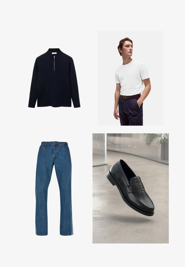 Pull-over marine à manches longues, col haut et fermeture éclair frontale semi-ouverte. Fabriqué à partir d'un tissu lisse avec une coupe décontractée et des fentes sur les côtés à l'ourlet.; T-shirt en coton blanc à col rond porté avec un pantalon plissé marine et une ceinture en cuir marron avec une boucle en or.; Jean en denim bleu avec une coupe droite, présentant un design classique à cinq poches, une fermeture à bouton et à glissière à l'avant, et des coutures visibles.; Mocassin en cuir noir à texture lisse, bout pointu et bande décorative sur le cou-de-pied. Semelle légère, design minimaliste.