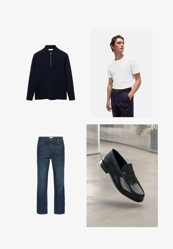 Pullover navy con maniche lunghe, colletto alto e mezza zip frontale. Realizzato in tessuto liscio con una vestibilità rilassata e spacchi laterali all'orlo.; T-shirt bianca in cotone con scollo rotondo, indossata con pantaloni plissettati blu navy e una cintura in pelle marrone con fibbia dorata.; Jeans in denim blu scuro con taglio dritto, cinque tasche, cuciture in contrasto e un girovita con bottone metallico e passanti per la cintura.; Mocassini neri in pelle con finitura liscia, punta arrotondata, cuciture decorative e suola leggermente rialzata.