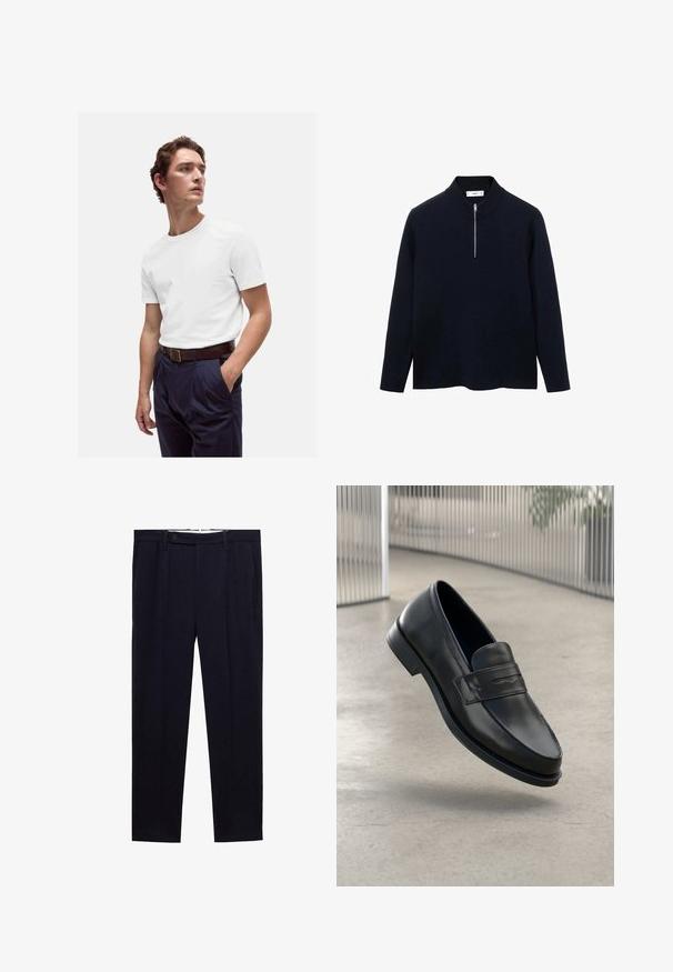 Námořnický pulovr s dlouhými rukávy, vysokým límcem a předním zipem do poloviny. Vyroben z hladké látky s volným střihem a bočními rozparky na spodním lemu.; Bílý bavlněný tričko s kulatým výstřihem nošené s námořnickými plisovanými kalhotami a hnědým koženým páskem se zlatou sponou.; Námořnické modré kalhoty s rovnými nohavicemi, dvojitými záhyby a knoflíkovým zapínáním v pase. Vyrobeny z hladkého materiálu bez vzorů.; Černá kožená mokasína s hladkou texturou, špičatou špičkou a ozdobným páskem přes nárt. Lehká podrážka, minimalistický design.