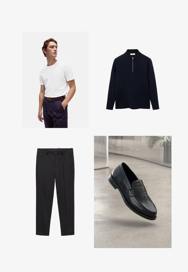 Marineblå pullover med lange ærmer, høj krave og en halv lynlås foran. Lavet af glat stof med en afslappet pasform og sideslidser i kanten.; Hvid bomulds T-shirt med rund halsudskæring, båret med marineblå plisserede bukser og et brunt læderbælte med en guldbuckle.; Sorte skræddersyede bukser lavet af glat stof, med flad front, bæltestropper og sidelommer. Lige ben-design.; Sort lædersko med glat tekstur, spids tå og en dekorativ rem over vristen. Letvægts sål, minimalistisk design.