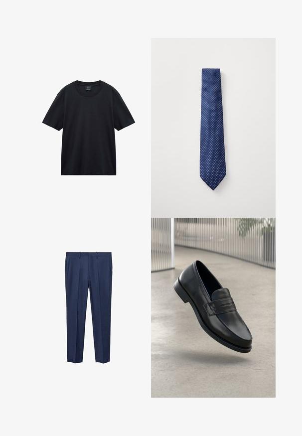 Mornarski pulover z dolgimi rokavi, visokim ovratnikom in sprednjim polovičnim zadrgo. Narejen iz gladkega materiala z sproščenim krojem in stranskimi razporki na robu.; Črna bombažna majica s kratkimi rokavi in krožnim izrezom, sproščenega kroja. Gladka tekstura brez vidnih vzorcev ali dodatkov.; Bela srajca z dolgimi rokavi in gumbi, z ostrim ovratnikom, ki ima gladko teksturo in sedem gumbov spredaj.; Modri hlače iz teksturirane tkanine, z ravnim sprednjim delom, dvema stranskima žepoma in ravnim krojem nogavic.; Črni usnjeni loafer z gladko teksturo, zašiljenim prstom in okrasnim trakom čez nart. Lahka podplat, minimalističen dizajn.; Mornarsko modra kravata z majhnim vzorcem belih pik, izdelana iz gladkega blaga, z ostrim koncem in standardno širino.