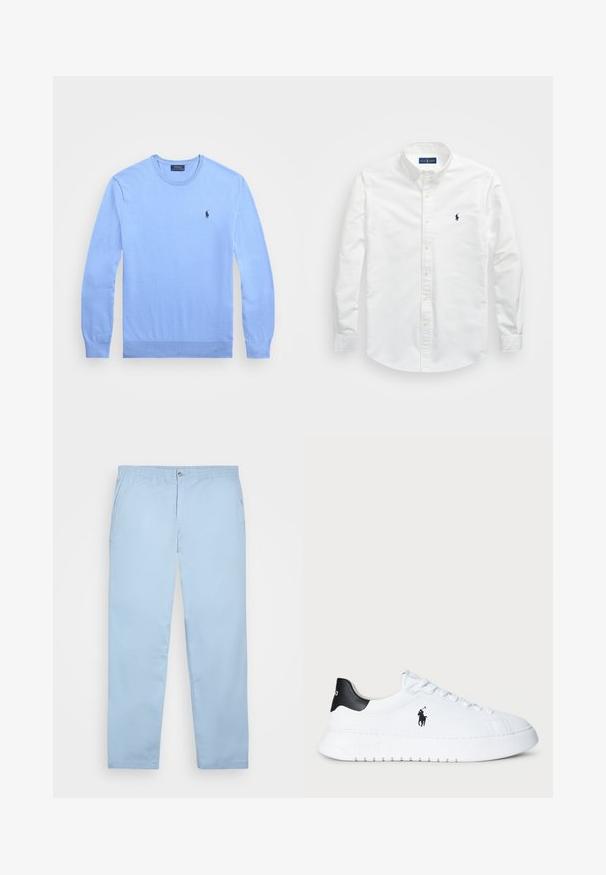 Lyseblå bomullscrewneck genser med ribbede ermer og hem. Har en liten mørk logo på brystet. Glatt tekstur, klassisk passform.; Hvit skjorte med knapper laget av bomull. Har spiss krage, lange ermer og en liten marineblå logo på brystet. Glatt tekstur.; Polo Ralph Lauren POLO PREPSTER CLASSIC FIT CHINO PANT - Chinos - office blue; Hvit lavt beskåret sneaker med svart hælflik og svart Polo Ralph Lauren-logo på siden, med hvite lisser og tykk gummisåle.