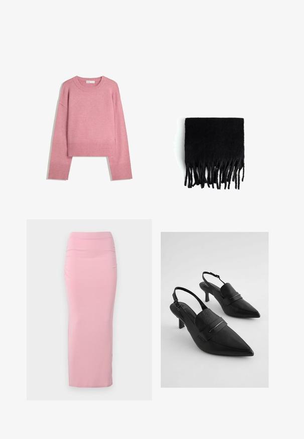 Różowy krótki sweter wykonany z miękkiej dzianiny, z ribbowanym okrągłym dekoltem oraz długimi rękawami z ribbowanymi mankietami. Gładka faktura.; Jasnoróżowa, długa, dopasowana spódnica wykonana z elastycznego materiału. Charakteryzuje się gładką teksturą i subtelnym marszczeniem z jednej strony. Brak ozdób.; Czarne skórzane sandały na obcasie typu slingback z ostrymi noskami, z szerokim paskiem na przodzie i akcentami w srebrnym kolorze. Teksturowane wykończenie, średni obcas.; Czarny szal z frędzlami, wykonany z miękkiego, wełnianego materiału. Posiada długie, nierówne frędzle wzdłuż dolnej krawędzi. Prostokątny kształt.