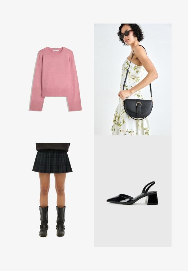 Pull court rose en maille douce, avec un col rond côtelé et des manches longues avec des poignets côtelés. Texture lisse.; Jupe plissée à carreaux écossais noirs associée à des bottes en cuir noires hautes jusqu'au genou, avec des boucles et une texture lisse.; Escarpins en cuir verni noir avec bout pointu et talon bloc géométrique. Présente un design élégant et minimaliste ainsi qu'une texture lisse.; Sac à main en cuir noir avec une forme courbée, bandoulière amovible et des accessoires en or. Le sac est doté d'un rabat avec un détail de boucle.