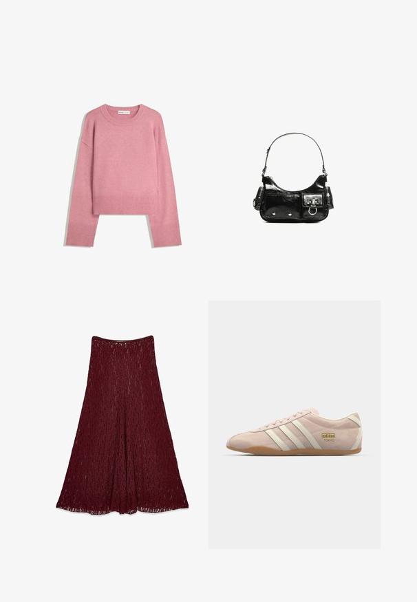 Lyserød cropped sweater lavet af blødt strikstof, med en ribbet crew neck og lange ærmer med ribbede manchetter. Glat tekstur.; Lang burgunderfarvet blonde nederdel med A-line silhuet og semitransparent blomstermønster.; adidas Originals TOKYO W - Sneakers - quartz/off white; Sort patenteret læder håndtaske med en buet form, en skulderrem, frontlommer og hardware accenter i sølvfarve.