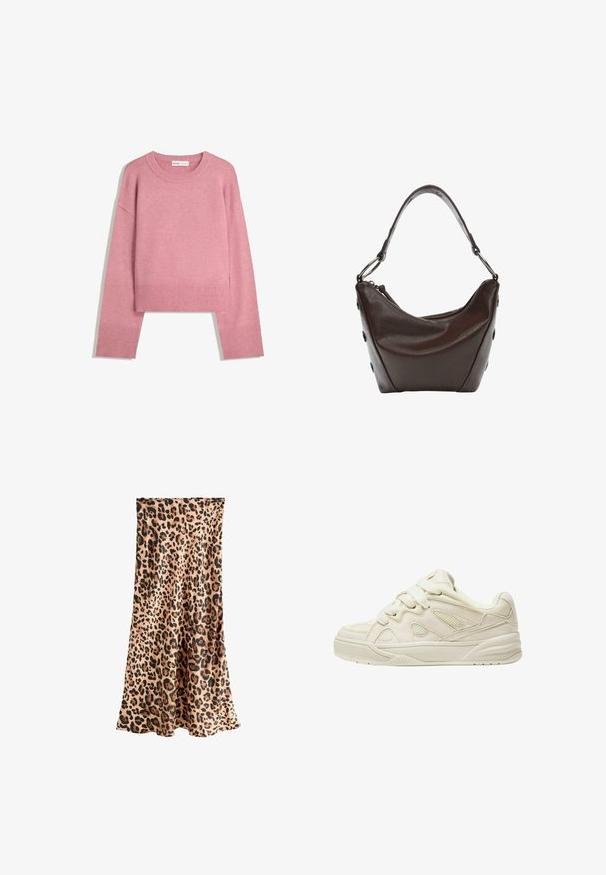 Roza skrajni pulover iz mehkega pletenega materiala, z rebrastim okroglim izrezom in dolgimi rokavi z rebrastimi manšetami. Gladka tekstura.; Next PETITE FIT - Dolgo krilo - leopard; Bež tenisice z teksturirano zgornjo površino, izrazitimi vezalkami, mrežastimi paneli in debelim podplatom. Ukrivljena zasnova z oblazinjeno ovratnikom za udobje.; Temna rjava usnjena torbica s ukrivljeno obliko, z zadrgo in kratko ročico. Ima kovinske dodatke in okrasne črne gumbe na strani.