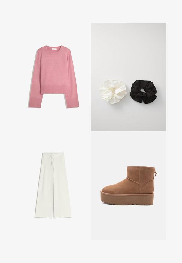 Růžový zkrácený svetr vyrobený z měkké pleteniny, s ribovaným kulatým výstřihem a dlouhými rukávy s ribovanými manžetami. Hladký textil.; Široké bílé kalhoty z měkké pleteniny, s elastickým pasem a stahovací šňůrkou pro přizpůsobení velikosti. Hladká textura, bez vzoru.; Hnědé semišové kotníkové boty s platformou, zaoblenou špičkou a prošíváním; mají poutko vzadu pro snadné obouvání.; Dvě saténové gumičky do vlasů, jedna bílá a jedna černá, se zavinovacím designem a hladkou texturou, vystavené na jednobarevném bílém pozadí.