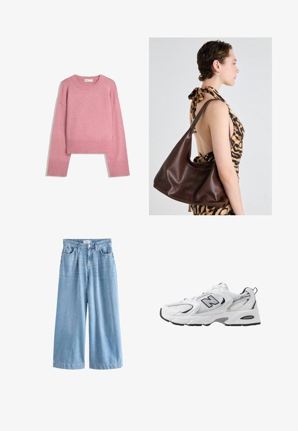 Roze cropped sweater gemaakt van zachte breisel, met een geribbelde ronde hals en lange mouwen met geribbelde manchetten. Soepele textuur.; Lichtblauwe denim palazzo jeans met wijde benen, voorzien van een hoge taille, voorkruipen en een knoopsluiting. Subtiele vervaagde textuur.; Witte sport schoen met mesh bovenkant, marineblauwe accenten en een gehoorzaamde zool. Bevat het "N" logo, veters en een gestructureerde detail aan de zijkant.; Lederen hobo tas in bruin met een gladde textuur, een gebogen vorm en een enkele schouderriem, weergegeven tegen een neutrale achtergrond.
