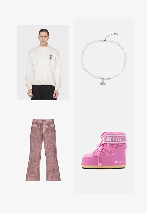 Crèmewitte sweatshirt met een ontspannen fit, ribbelkraag en kleine paarse grafische details op de borst. Zachte katoenen stof.; Roze uitlopende jeans met een vervaagde textuur, uitgerust met twee voorzakken, een rits aan de voorkant en een stikselafwerking langs de naden.; Roze Moon Boot met een hoge schacht, textiele stof, decoratieve veters en een gemerkte band. Beschikt over een duurzame zool voor stabiliteit.; Parelketting met glanzende witte parels, versierd met een zilverkleurige veiligheidsnaaldcharme bezet met heldere rhinestones. Met kreeftsluiting.