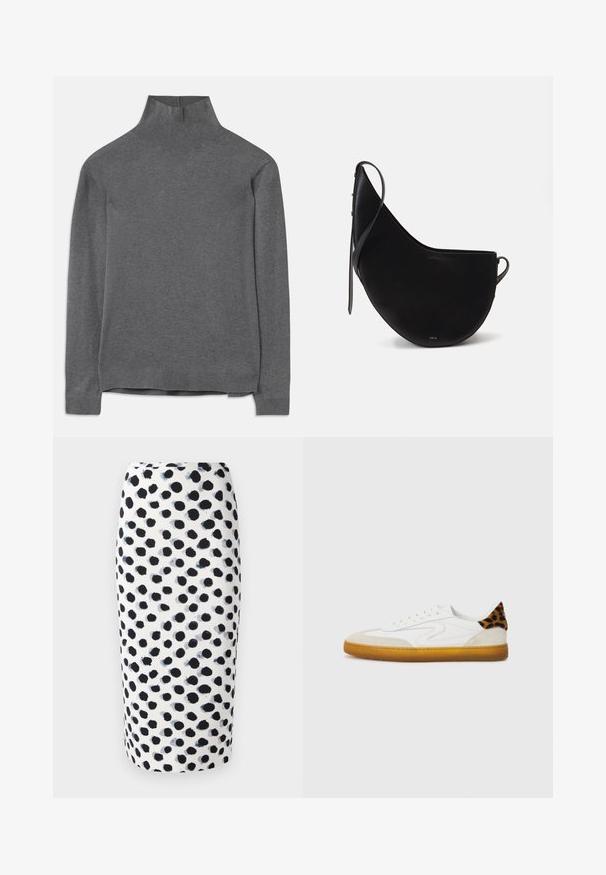 Pulôver cinza de gola alta feito de um tecido suave, apresentando mangas longas, gola e bainha caneladas com um corte descontraído. Textura suave e design simples.; Saia branca em lápis com um padrão de bolinhas pretas e tons de azul. Textura suave e design justo.; Tênis brancos com parte superior em camurça texturizada e couro, apresentando um detalhe em padrão de onça no calcanhar e uma sola de borracha colorida.; Mala de mão em couro preto com uma forma de lua curva, apresentando uma alça fina e uma discreta marcação dourada na frente. Textura suave com hardware mínimo.