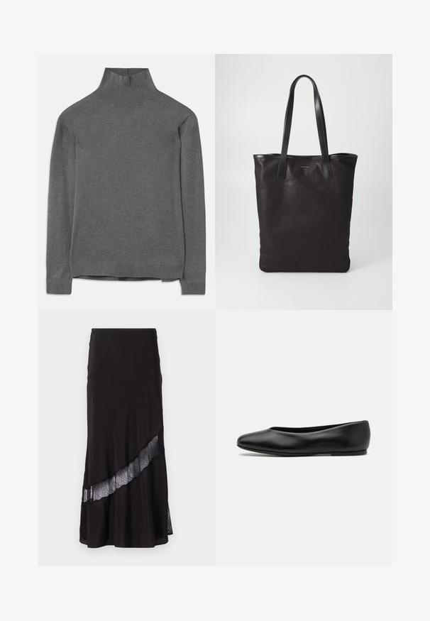 Maglione grigio a collo alto realizzato in un tessuto morbido, con maniche lunghe, collo e orlo a coste e una vestibilità comoda. Texture liscia e design semplice.; Gonna nera realizzata in tessuto morbido, con un inserto in pizzo in diagonale lungo l'orlo. Design svasato con una sottile lucentezza.; Paul Smith TOPANGA - Ballerine - black; Borsa tote in tela nera con manici in pelle nera. Design semplice, corpo spazioso e texture liscia. Nessun logo o motivo visibile.
