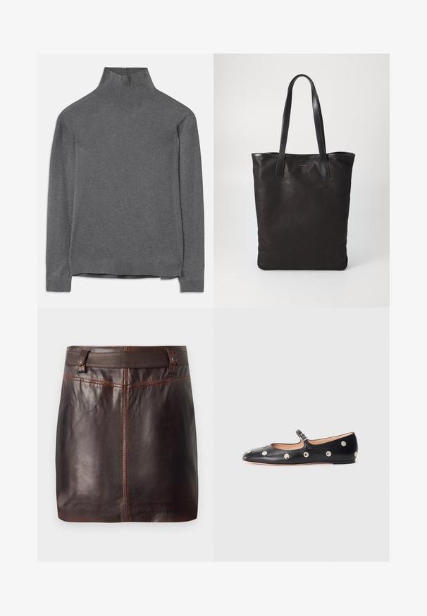 Szürke garbó pulóver, puha anyagból készült, hosszú ujjak, bordás nyak és szegély jellemzi, laza szabású. Sima textúra és egyszerű design.; Sötétbarna bőrből készült mini szoknya széles derékrésszel, amelyet két övlyuk és fémből készült gombok biztosítanak.; Fekete bőr Mary Jane lapossarkú cipő, lekerekített orral, ezüst színű kör alakú szegecsekkel és állítható pánttal, csattal.; Fekete vászontáska fekete bőr füllel. Egyszerű dizájn, tágas test és sima textúra. Nincsenek látható logók vagy minták.