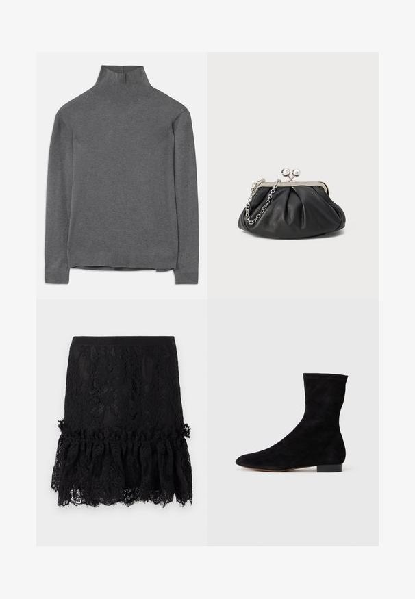 Maglione grigio a collo alto realizzato in un tessuto morbido, con maniche lunghe, collo e orlo a coste e una vestibilità comoda. Texture liscia e design semplice.; Gonna nera in pizzo con un top strutturato, caratterizzata da un orlo in pizzo arricciato. Il tessuto presenta motivi floreali e una vita liscia.; Stivale alla caviglia in suede nero con gambale aderente, punta affusolata e tacco a blocco basso. Texture liscia e design minimalista, adatto per uno stile versatile.; Clutch in pelle nera con texture arricciata, cornice in metallo color argento, chiusura a scatto e tracolla a catena. Superficie liscia e morbida.