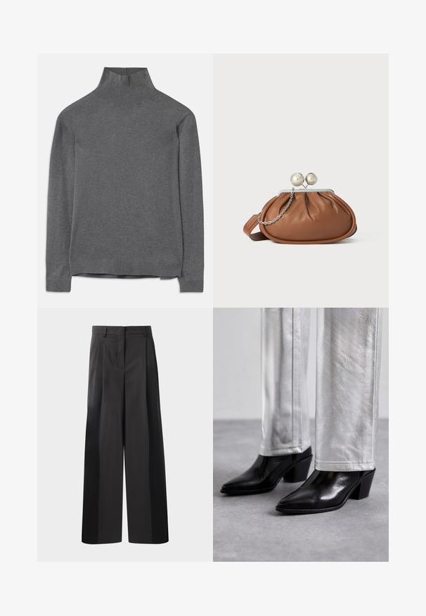 Halljalõikega hall kaelus-sviiter, mis on valmistatud pehmest kangast, pikkade varrukate, sooniku kaela- ja allaäärtega ning lõdva lõikega. Sile tekstuur ja lihtne disain.; Mustad laiad püksid kõrge vöökohaga, millel on ees voldid, sile tekstuur ja õmmeldud viimistlus. Kujundatud lõdva istuvuse saavutamiseks.; Must musta ankle boots, mille musta ja terava nina ning plokkjala, kombineeritud läikivate hõbedaste pükstega, esitades sujuvaid tekstuure ja kontrastseid värve.; Pruun nahast klambriga rahakott, millel on hõbedane palli klamber ja väike hõbedane kett detail, valgel taustal.