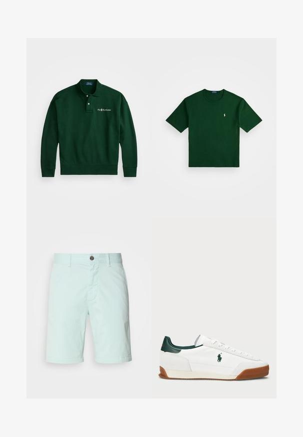 Tamsiai žalia polo tipo džemperis su ilgomis rankovėmis, dviem mygtukais ant apykaklės, su gumuotais rankogaliais ir apačia, turintis baltą siuvinėtą logotipą ant krūtinės.; Polo Ralph Lauren RELAXED FIT LOGO JERSEY T-SHIRT - Marškinėliai su spaudiniu - northwest pine; Šviesiai mėtų žalios spalvos medvilniniai šortai su užtrauktuku, mygtuko uždarymu ir šoniniais kišenėmis. Lygus paviršius su kasdieniu dizainu.; Baltos sportbačiai su žaliais odiniais akcentais ir šviesiai ruda guma. Turi audinio kūną ir išsiskiriančią logotipą šone. Su raišteliais.