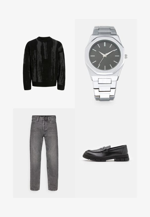Suéter de lana negro con rayas verticales abstractas en gris oscuro, cuello redondo acanalado, puños y dobladillo.; Jeans de denim gris con corte recto, cinco bolsillos y una textura ligeramente desgastada. Cuenta con una cinturilla con marca y herrajes estándar.; Mocasines de piel negra con un acabado suave, que presentan un detalle de correa en la parte delantera y una suela de goma gruesa con acentos acanalados.; Reloj analógico plateado con caja octagonal, esfera gris, marcadores de hora plateados y pulsera de eslabones de acero inoxidable. Diseño minimalista con textura suave.