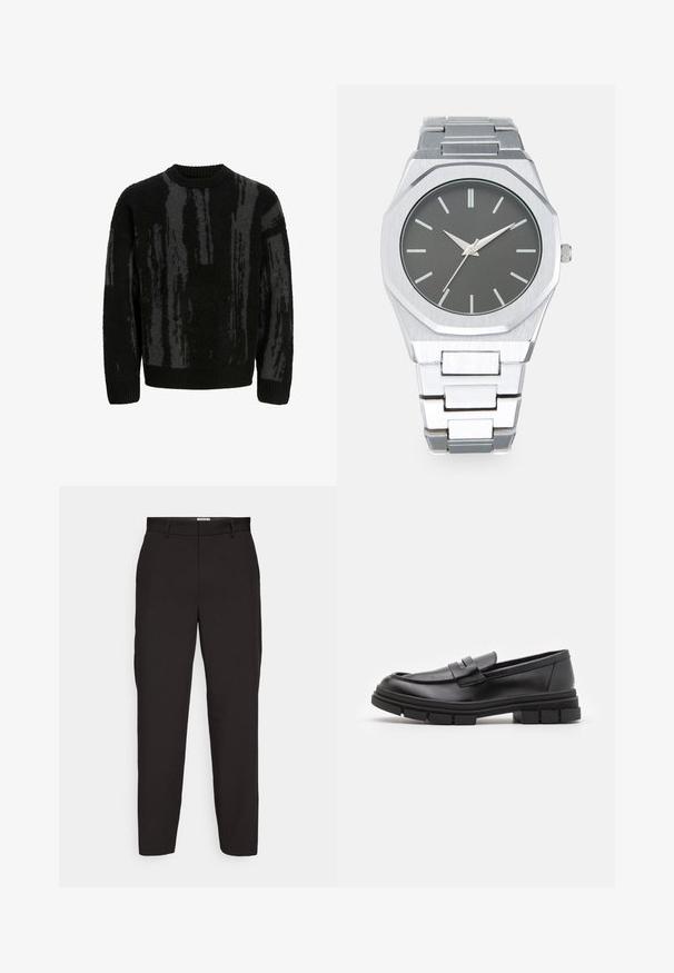 Zwarte wollen trui met donkergrijze abstracte verticale strepen, geribbelde ronde hals, manchetten en zoom.; Zwarte broek van gladde stof, met een rechte pijpdesign, riemlussen en zijzakken. Geen zichtbare patronen of hardware.; Zwarte leren instappers met een gladde afwerking, voorzien van een voorste banddetail en een stevige rubberen zool met gegroefde accenten.; Zilveren analoge horloge met een achthoekige kast, grijze wijzerplaat, zilveren uurmarkers en een bracelet van roestvrij staal. Minimalistisch ontwerp met een gladde textuur.