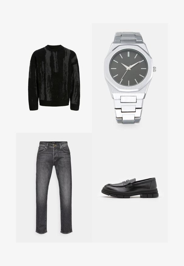 Mustaharja villapaita tummilla harmailla abstrakteilla pystysuorilla raidoilla, ribattu pyöreä pääntie, hihansuut ja helma.; Tummanharmaat farkut, joissa on suora leikkaus. Klassinen viiden taskun malli ja hienovarainen haalistuminen. Metallinen nappi ja vetoketjusuljin.; Mustat nahkaa olevat loaferit, joissa on sileä pinta, varustettuna edessä olevalla hihnalla ja paksulla kumipohjalla, jossa on uritettua muotoilua.; Harmaa kellotaulu, hopeinen analoginen kello, jossa on oktogonaalinen kuori, hopeaiset tuntimerkinnät ja ruostumatonta terästä valmistettu linkkiranneke. Minimalistinen muotoilu, jossa on sileä pinta.