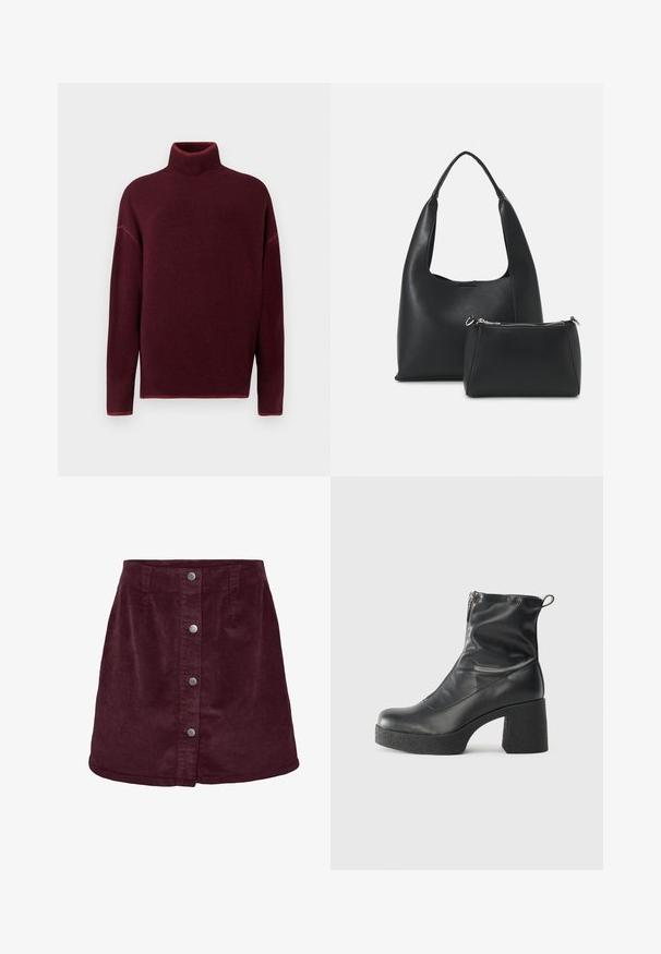 Bordowy sweter z golfem o ribbowanym kołnierzu i mankietach, wykonany z miękkiego materiału, z opadającymi ramionami i luźnym krojem.; Burgundowa mini spódnica z korduroju w kształcie litery A, z pięcioma srebrnymi guzikami z przodu i subtelną teksturą prążkowaną.; Czarne botki za kostkę wykonane z gładkiej skóry, wyposażone w boczny zamek błyskawiczny, masywny teksturowany obcas oraz zaokrąglony czubek.; Even&Odd - Torebka