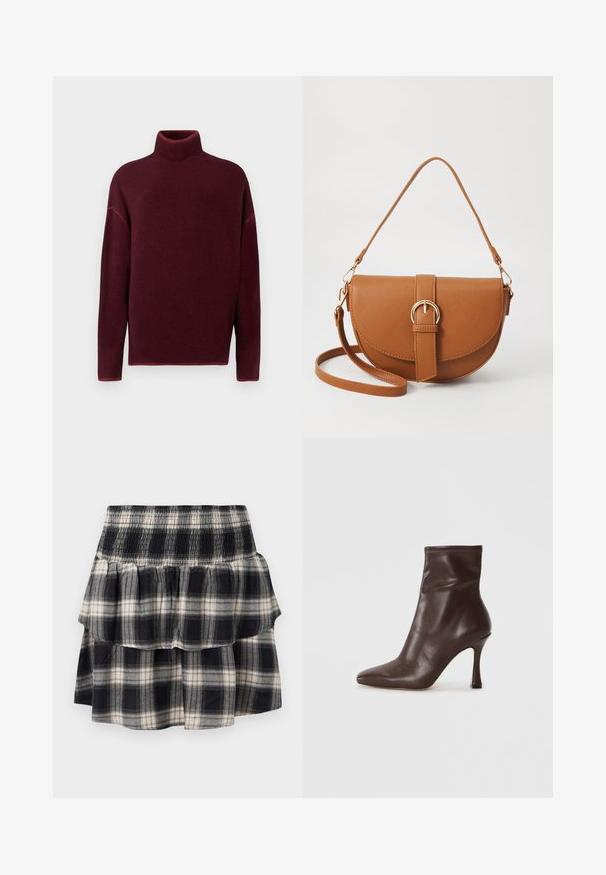 Burgunderfarget genser med rullekrage og ribbestrikkede mansjetter, laget av mykt materiale, med senkede skuldre og avslappet passform.; Svart og hvit rutete lagdelt skjørt med smocket midje. Har volanger og en myk bomullstekstur.; Brune skinn ankelboote med spiss tå og slank stiletthæl. Har en glatt tekstur og sydd detaljer rundt åpningen.; Brun lærcrossbody-veske med en buet form, gullhardware og et spenneakcent. Har en avtakbar skulderreim.