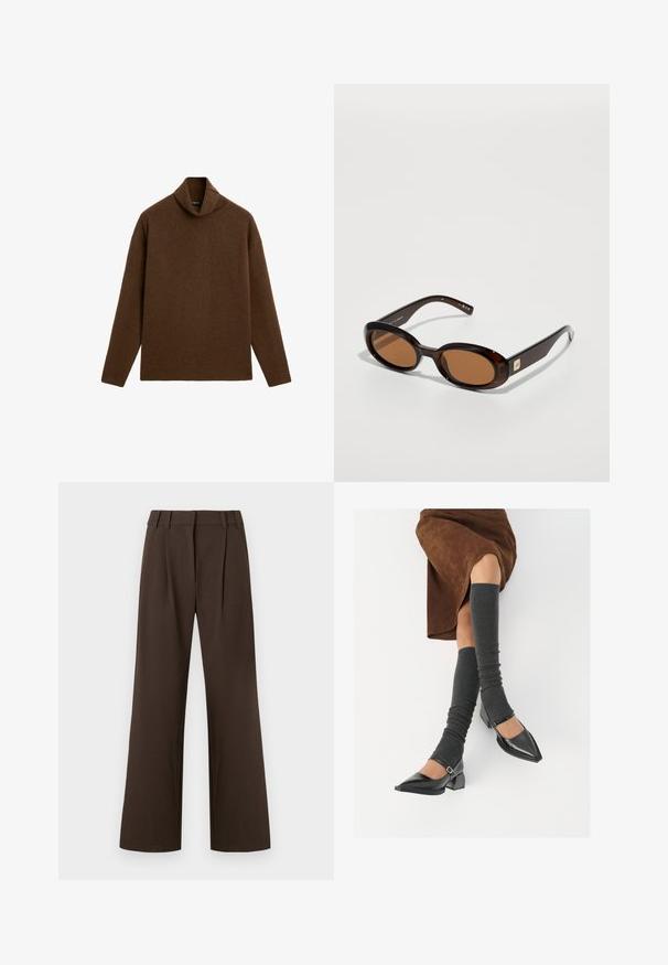 Brun polotröja i mjukt stickat tyg. Har en avslappnad passform, sänka axlar och en ribbad nederkant för extra detalj.; Bruna vida byxor med hög midja, med veck framtill, gjorda av ett slätt tyg utan synliga mönster eller detaljer.; Svarta lackläderskor med spetsig tå, blockklack och ankelrem, i kombination med grå ribbade benvärmare och en brun mockakjol.; Bruna sköldpaddssolglasögon med ovala linser, med en tunn båge och en liten metallaccent på sidan. Strukturerad och polerad finish.; Brun läder tote-väska med två avlånga handtag, strukturerad rektangulär form, slät textur och subtila sömdetaljer.