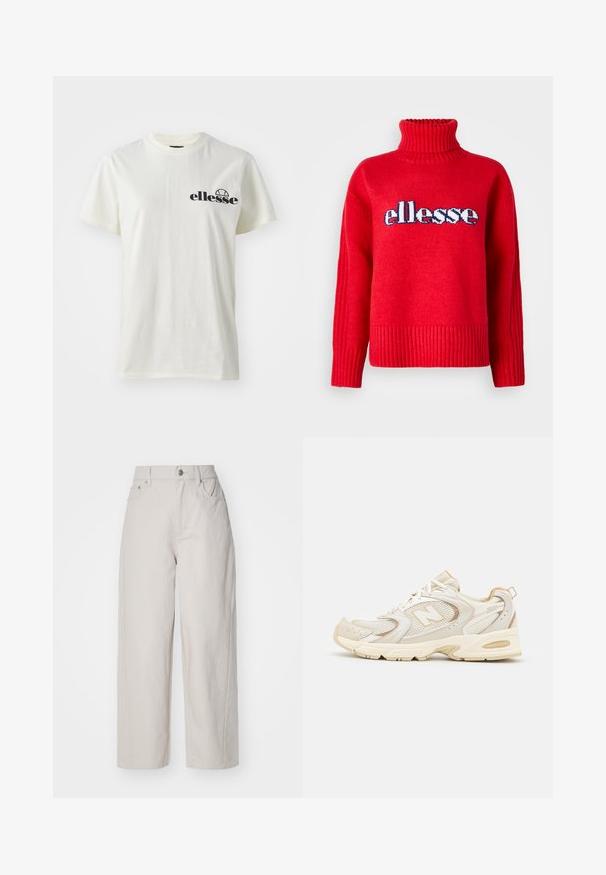 Rød strikket sweater med høj ribkant. Har horisontale ribbede detaljer ved kanten og manchetterne. "ellesse" logoet er fremtrædende vist i blå og hvid.; Hvid bomulds-T-shirt med rund hals og korte ærmer, der har et sort "ellesse" logo på venstre side. Blød tekstur, afslappet pasform.; Beige brede benbukser i cotton med høj talje, knap- og lynlås-lukning og fire lommer; glat tekstur med denim-finish.; Beige atletik sko med mesh og syntetiske overlejringer, med en tekstureret overflade, polstret krave og "ABZORB" dæmpning ved hælen.