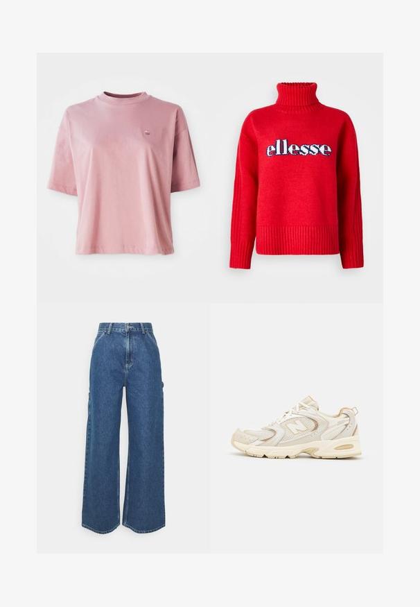 Červený pletený svetr s vysokým vroubkovaným límcem. Obsahuje horizontální vroubkování na lemu a manžetách. Logo "ellesse" je výrazně zobrazeno v modré a bílé barvě.; Světle růžové tričko s krátkým rukávem a kulatým výstřihem, se malým logem na levé horní části hrudi, zobrazené na bílém pozadí.; Široké modré džíny s vysokým pasem, kontrastním šitím a postranními kapsami, které mají klasický design s pěti kapsami a rozstřižené lemy.; Béžové sportovní boty s síťovinou a syntetickými vrstvami, mají texturovaný povrch, polstrovaný límec a odpružení "ABZORB" v patě.