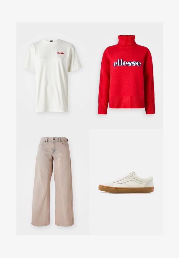 Punainen neulepaita korkealla ribatulla kauluksella. Siinä on vaakasuoraa ribbausta helmassa ja hihoissa. "ellesse"-logo on näkyvästi esillä sinisenä ja valkoisena.; Valkoinen puuvillapaita, jossa on pyöreä kaula-aukko ja lyhyet hihat; vasemmassa rintakappaleessa pieni punainen "ellesse"-logo; sileä pinta.; Beiget värvilised laiade jalgadega teksased, millel on kõrge talje, viie tasku disain ja nupuvajutus. Kanga tekstuur on pehme ja ees on kerge pleekimine.; Valkoinen kangaskengät matalalla varrella, jossa on kumipohja, pyöreä kärki, nauhakiinnitys ja sivuilla nahkasaumadetail.