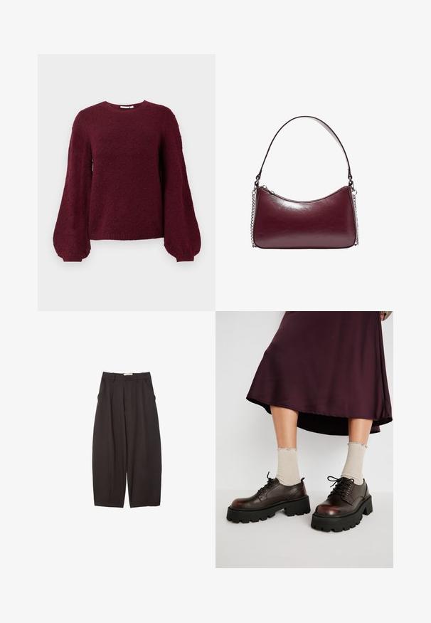 Bordeaux strikket sweater med et tekstureret boble mønster, rund halsudskæring og ballonærmer med ribkant.; Sorte brede bukser lavet af et glat stof, med høj talje, forfaldne folder og sidelommer. Simpelt design uden udsmykninger.; Brune læder platform sko med tykke sorte såler, parret med ribbet beige strømper med bølgede kanter, mod en afdæmpet baggrund.; Bordeaux læder håndtaske med en buet form, lynlåslukning og en rem med kædeaccent. Glat tekstur med let glans.