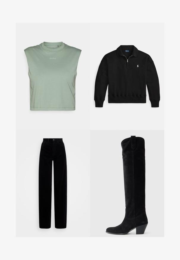 Sweatshirt preta de pulôver com gola com fecho de correr até ao peito, punhos e bainha canelados, com um pequeno logótipo branco no lado esquerdo do peito. Textura de material macio.; Top cropped sem mangas verde claro feito de tecido macio, com decote redondo e um pequeno logótipo "BORG" impresso na frente.; Calças de corduroy pretas com cintura alta, design de perna larga e um único botão frontal. Textura suave com nervuras verticais.; Bota alta em camurça preta com um salto quadrado afilado. Textura suave, bico redondo e detalhes de costura ao longo do cano.