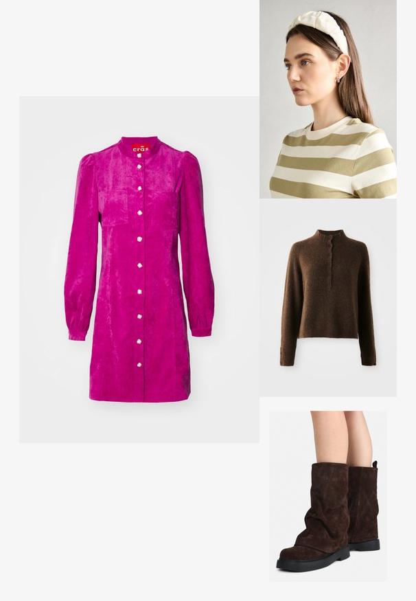 Rudas pūkuotas megztinis su ilgomis rankovėmis, aukštu raukšlėtu apykakle ir sagų plokšte, kurioje priekyje ir ant rankovių yra šešios juodos sagos.; Cras LILIBETH DRESS - Marškininė suknelė - fuchsia; Rudi od suede iki blauzdų aukščio, su juodais gumos padais, dėvimi ant nuogų kojų, rodo lengvą raukšlių susidarymą ant batų šonų.; Kreminė rankinė su lygiu odiniu paviršiumi, išplanuota forma, dviem rankenomis ir šoninėmis sagtimis. Sujungta su elegantiškais juodais aukštakulniais batais.; Kremo spalvos paminkštinta galvos juosta su suktiniu dizainu, derinama su smėlio ir baltos spalvos juostelėmis marškiniais, turinčiais apvalų iškirpimą. Subtilūs papuošalų akcentai.